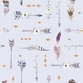 Watercolor boho seamless pattern with teepee, arrows and feather Royalty Free Stock Photo