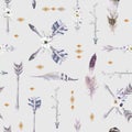 Watercolor boho seamless pattern with teepee, arrows and feather Royalty Free Stock Photo