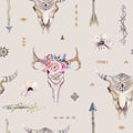 Watercolor boho seamless pattern with teepee, arrows, feathers, Royalty Free Stock Photo