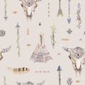 Watercolor boho seamless pattern with teepee, arrows, feathers, Royalty Free Stock Photo