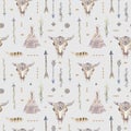 Watercolor boho seamless pattern with teepee, arrows, feathers, Royalty Free Stock Photo