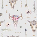 Watercolor boho seamless pattern with teepee, arrows, feathers, Royalty Free Stock Photo