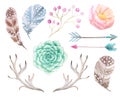 Watercolor boho set of flowers and antlers