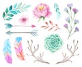 Watercolor boho set of flowers and leaves
