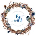 Watercolor Boho wreath made of twigs and feathers.