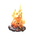 Watercolor bonfire with wood on the campfire camp place. Hand drawn illustration isolated on white background. Used for