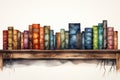 Watercolor bookshelf with old books. Vintage style