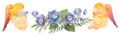 Watercolor border with angels and flowers.Spring violet, blu flowers. Wedding banner, church holiday background, birthday decorati