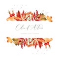 Watercolor autumn border frame with oak, maple leaves, berries and rosehips. Invitation template