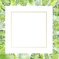 Watercolor border frame green tropical leaves. monstera, palm tree leaves, banana plant leaves.