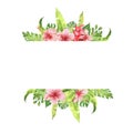 watercolor border frame Pink tropical flowers and leaves. monstera and hibiscus bouquet. Royalty Free Stock Photo