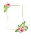 Watercolor border frame Pink  tropical flowers and leaves. monstera leaves and hibiscus bouquet. Royalty Free Stock Photo