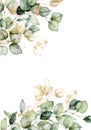 Watercolor border of gold eucalyptus branches and leaves. Hand painted card of plants isolated on white background