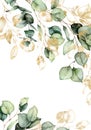 Watercolor border of gold eucalyptus branches, leaves and seeds. Hand painted card of plants isolated on white