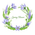 Watercolor border in retro style with violet spring flowers and leaves