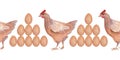 Watercolor borders with poultry, chickens, roosters and eggs