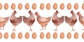 Watercolor borders with poultry, chickens, roosters and eggs
