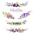 Watercolor borders set with flowers, figs and berries. Original hand drawn illustration in violet shades. Fresh summer Royalty Free Stock Photo