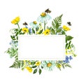 Watercolor botanical border with colorful yellow and blue wild flowers, green leaves, herbs and honey bee. Summer holiday card Royalty Free Stock Photo