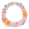 Watercolor botanical colurful round frame of summer and autumn flowers: dahlia, zinnia, lathyrus, gillyflower Royalty Free Stock Photo