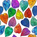 Watercolor vibrant fall leaves seamless pattern. Rainbow colors summer botanical print