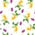 Watercolor botanical floral print. Summer pattern. Wrapping paper. Wedding decor. Yellow bright lilies.