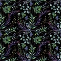 Watercolor Botanical Greneery Pattern on Black