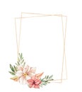 Watercolor botanical illustration. Autumn frame with golden border and wild florals. Gentle peony, red flowers, artichoke,