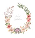 Watercolor botanical illustration. Autumn wreath with wild florals. Border with gentle peony, red flowers, artichoke, branches and
