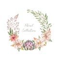 Watercolor botanical illustration. Autumn wreath with wild florals. Border with gentle peony, red flowers, artichoke, branches and