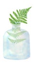 Watercolor botanical illustration. Green fern leaf in transparent glass vase isolated on white background. Clipart