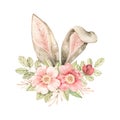 Watercolor botanical illustration. Spring bouquet with Pink dog-rose blossom and bunny ears. Gentle rose, bud, branches, green