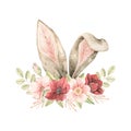 Watercolor botanical illustration. Spring bouquet with Pink dog-rose blossom and bunny ears. Gentle rose, bud, branches, green