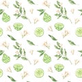 Watercolor botanical illustrations. Seamless pattern with bergamot blossom and fruit. Citrus bergamia flowers, fruit and leaves