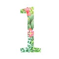 Watercolor botanical number 1 in retro style with succulents, flowers, kalanchoe and sweetheart