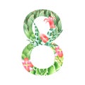 Watercolor botanical number 8 in retro style with succulents, flowers, kalanchoe and sweetheart