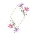 Watercolor botanical Rhombus frame. Wild spring flowers. Multi-colored bright bouquet.