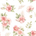 Watercolor botanical Seamless pattern. Background with pink dog-rose blossom Gentle rose, bud, branches and green leaves.