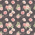 Watercolor botanical Seamless pattern. Background with pink dog-rose blossom Gentle rose, bud, branches and green leaves. Royalty Free Stock Photo