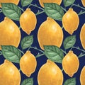 Botanical Lemon Lemon Dark Blue Seamless Pattern