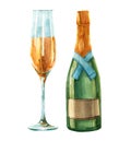 Watercolor a bottle of champagne and glass isolated on a white background illustration. Royalty Free Stock Photo