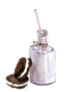 Watercolor bottle of milk and biscuits. illustration.