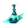 Watercolor bottle of perfume, green glass.