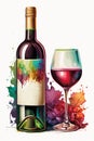 Watercolor bottle of red wine with wineglass, vector illustration. Royalty Free Stock Photo