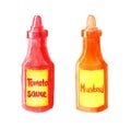 Watercolor bottles of tomato sauce and mustard