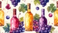 Watercolor Bottles of Wine and Grapes Seamless Pattern Royalty Free Stock Photo