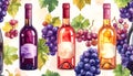 Watercolor Bottles of Wine and Grapes Seamless Pattern Royalty Free Stock Photo