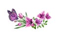 Watercolor bougainvillea bouquet with butterfly. Purple flowers, violet monarch and palm leaves. Hand painted floral Royalty Free Stock Photo