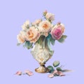 Watercolor bouqet with wild pink and white Roses in vase. Collection magenta flowers, leaves, branches. Design for Royalty Free Stock Photo