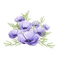 Watercolor bouquet of anemones and sprigs of eucalyptus isolated on white. Hand painted purple flowers and green leaves